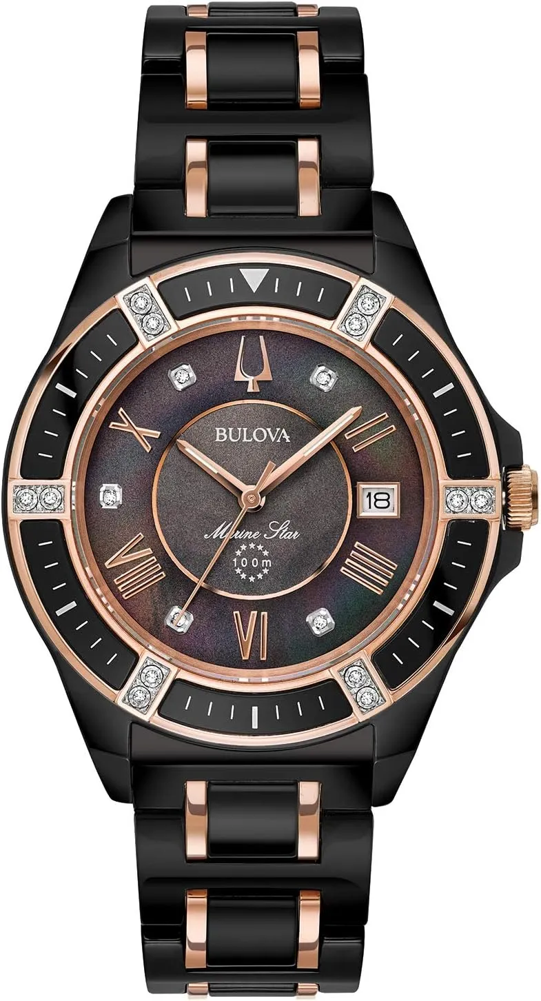 Crystal, 100M Water Resistant, Mother-of-Pearl Dial, 37mm Bulova endow groan rebate signal Ladies' Marine Star 'Series L' 3-Hand Day Date Quartz Diamond Ceramic Watch, Sapphire 