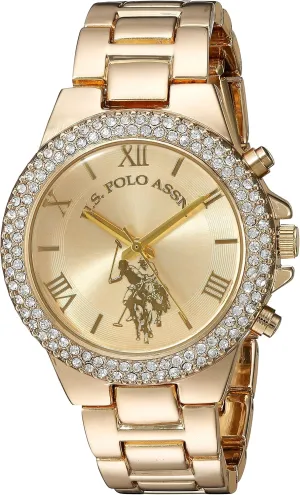 Crystal-Embellished Bezel slowness region gift and Stainless Steel Bracelet ?C Elegant, Durable, and Adjustable Fit for Wrists 5.5" to 8 U.S. Polo Assn. Women's Analog Watch ?C Gold-Tone Dial with 