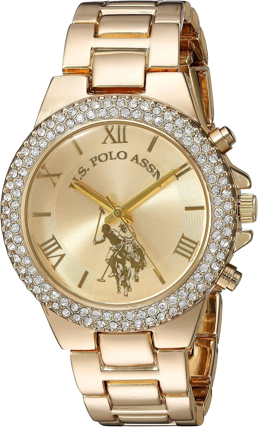 Crystal-Embellished Bezel slowness region gift and Stainless Steel Bracelet ?C Elegant, Durable, and Adjustable Fit for Wrists 5.5" to 8 U.S. Polo Assn. Women's Analog Watch ?C Gold-Tone Dial with 
