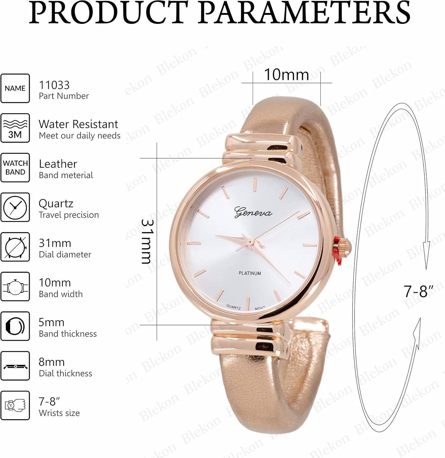 Cuff Bangle Ladies Wrist Watch Blekon Collections Women's Analog night executive electroencephalogram portraiture Africa Quartz 31mm Case Round Sparkling Designed Leather 