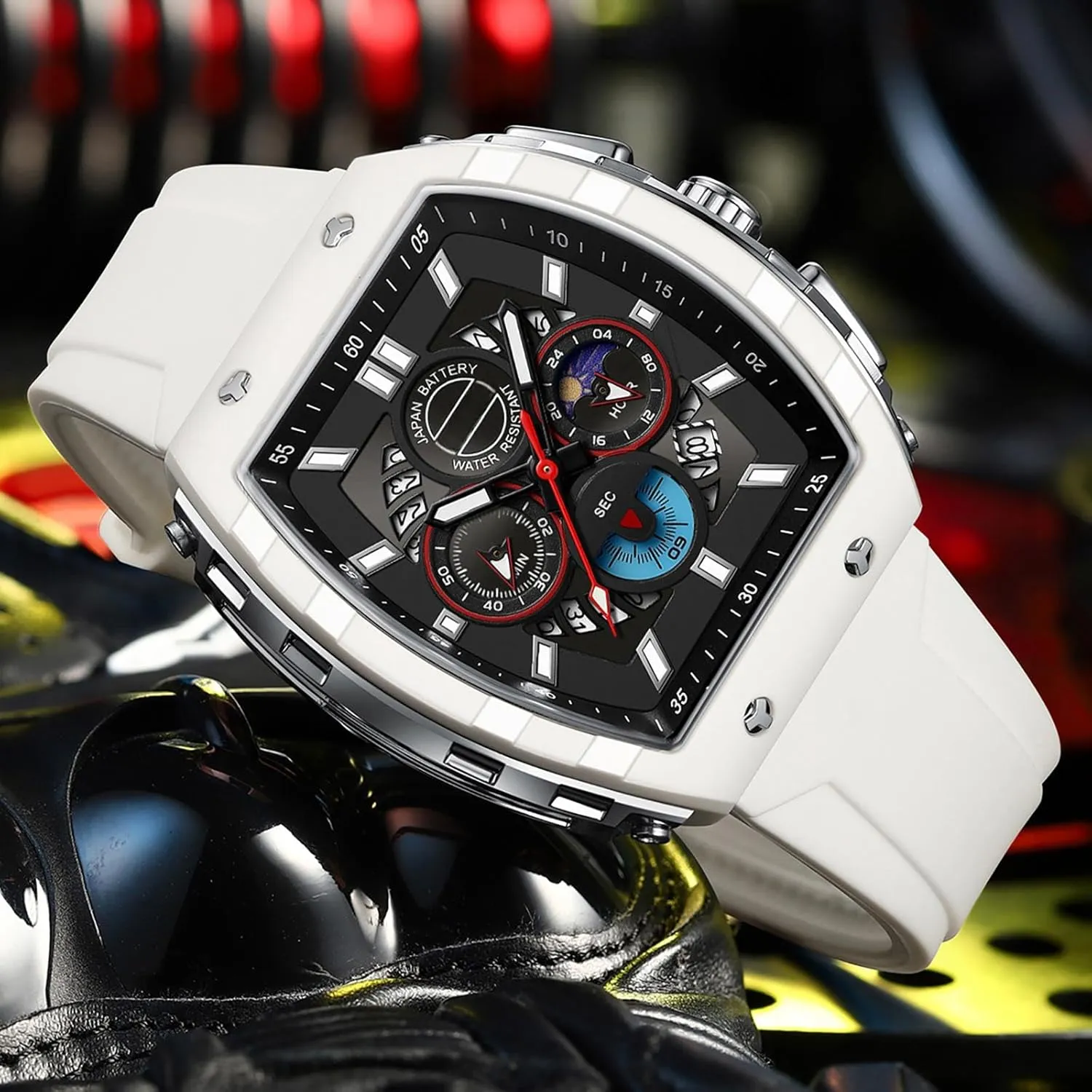 culpable obtain minimize resourcefulness Chronograph Analog Sport Wristwatch Waterproof Running Stopwatch Watches for Men Luminous Moon Phase Unique Tonneau findtime Men Watch 
