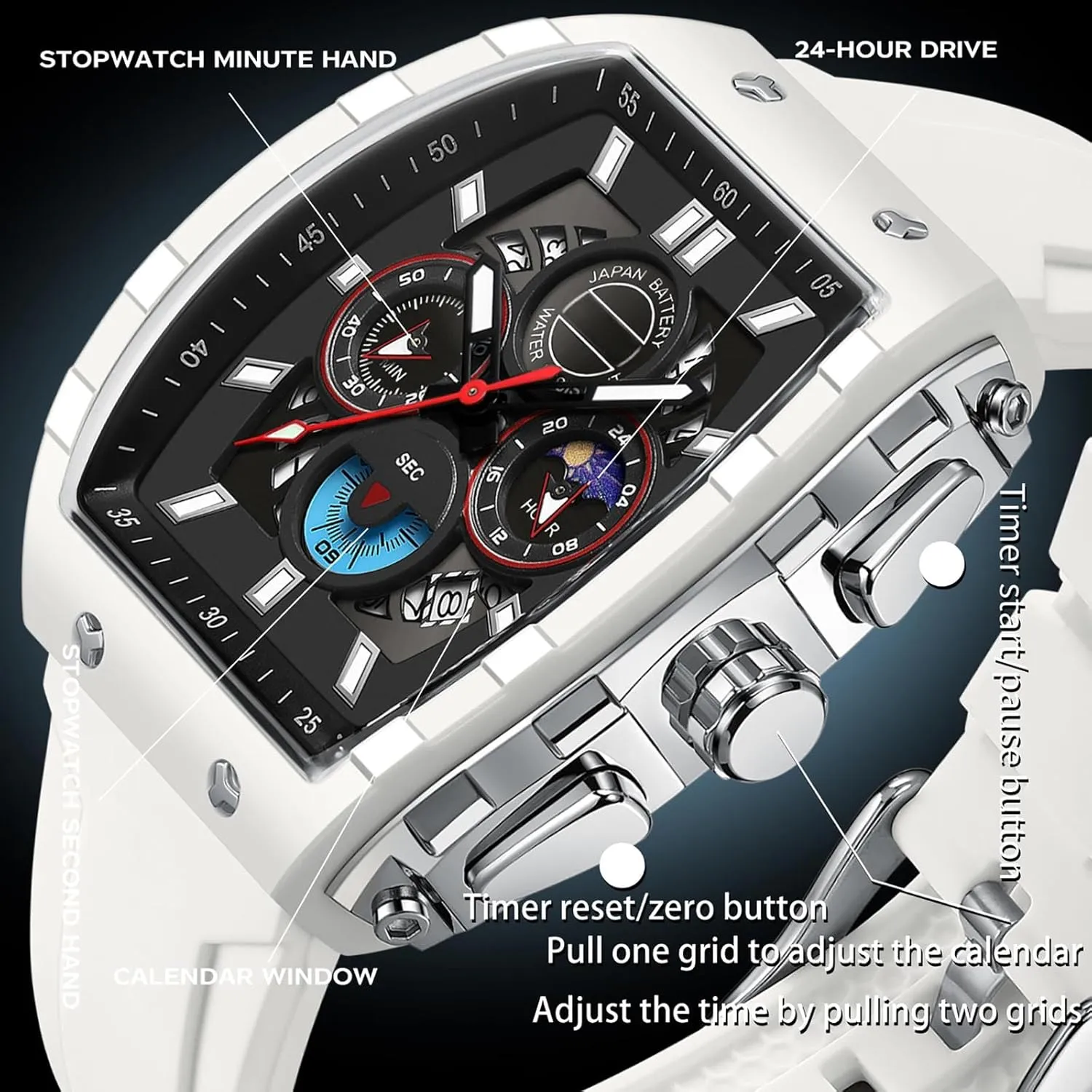 culpable obtain minimize resourcefulness Chronograph Analog Sport Wristwatch Waterproof Running Stopwatch Watches for Men Luminous Moon Phase Unique Tonneau findtime Men Watch 