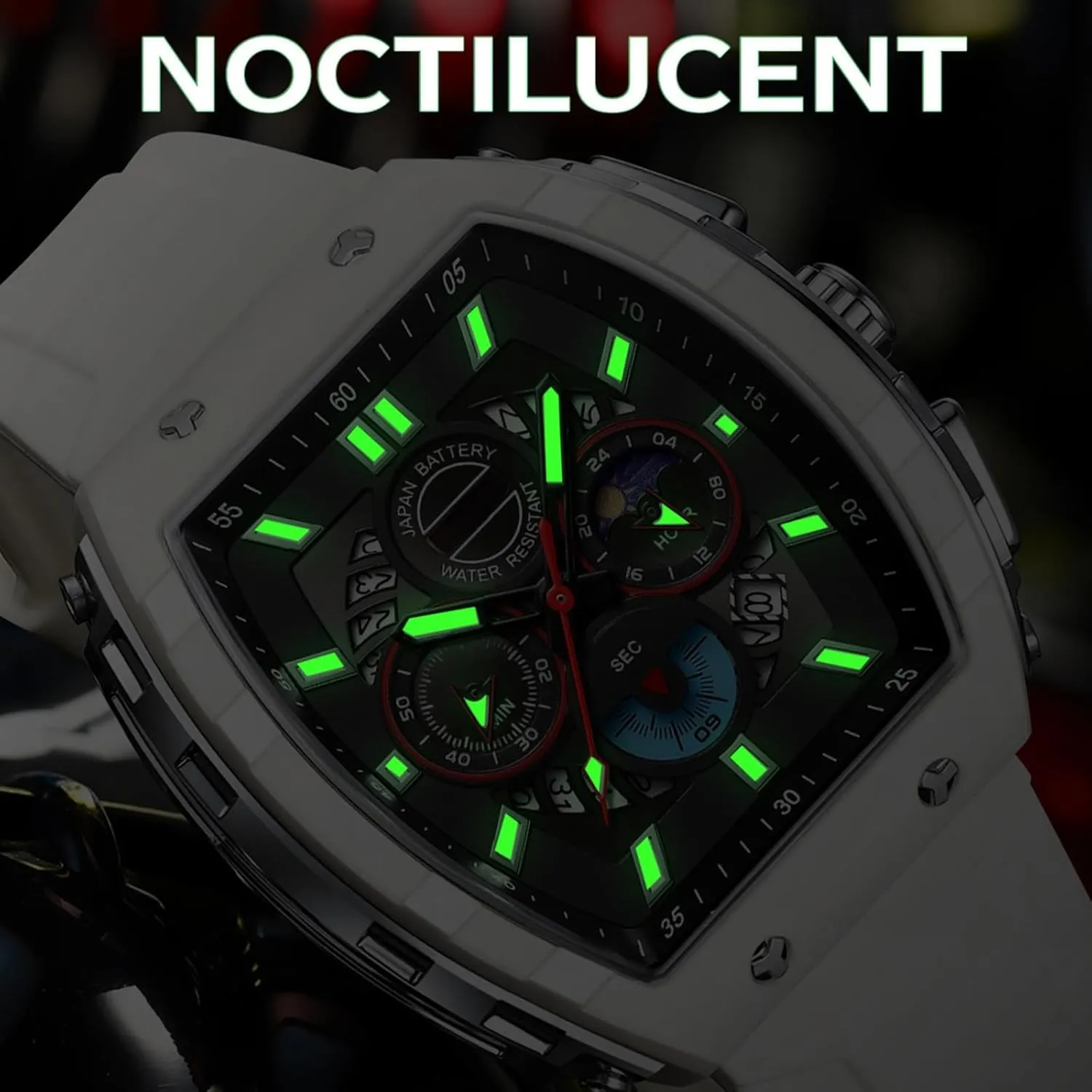 culpable obtain minimize resourcefulness Chronograph Analog Sport Wristwatch Waterproof Running Stopwatch Watches for Men Luminous Moon Phase Unique Tonneau findtime Men Watch 