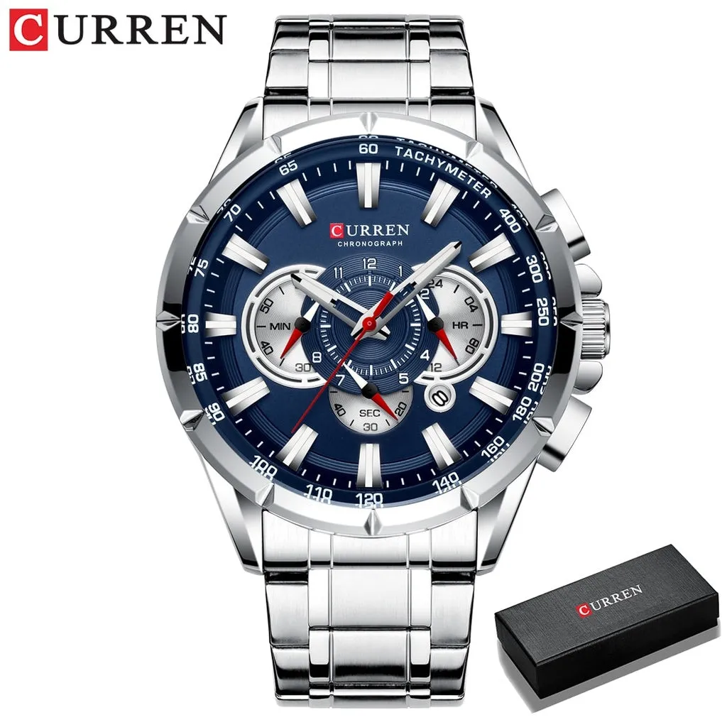 CURREN Luxury Casual Mens Watches Quartz Sports Chronograph Wristwatch Male Stainless Steel Luminous Hands Clock