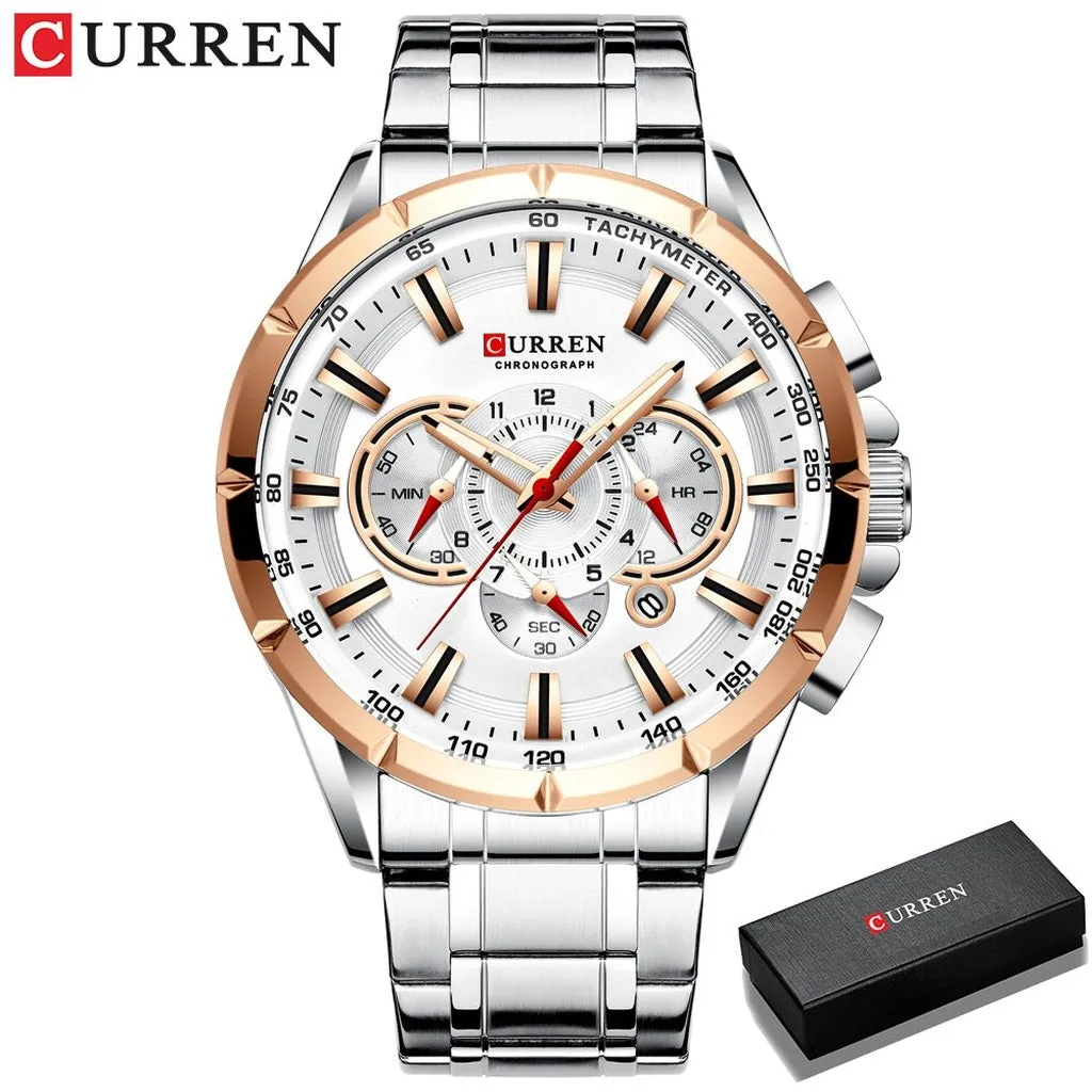 CURREN Luxury Casual Mens Watches Quartz Sports Chronograph Wristwatch Male Stainless Steel Luminous Hands Clock