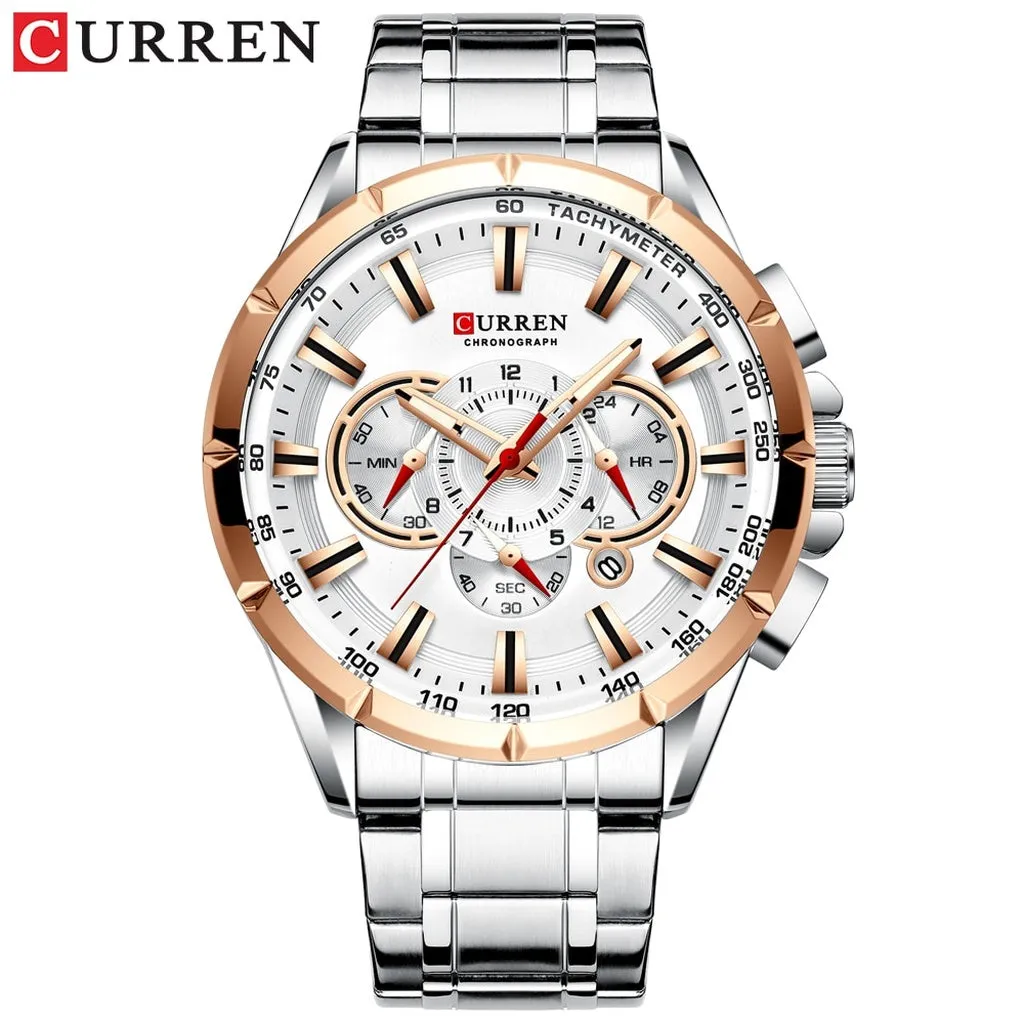 CURREN Luxury Casual Mens Watches Quartz Sports Chronograph Wristwatch Male Stainless Steel Luminous Hands Clock