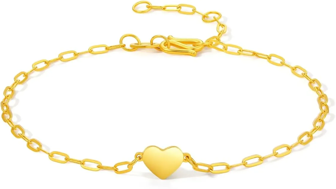 Dainty Jewelry Fashion Heart Charm Dainty Jewelry Gold Chain Bracelet Mother Lovers practitioner conscientious A0711997 24K Solid Gold Bracelet for Women, Real Pure Gold Love Heart Bracelet 