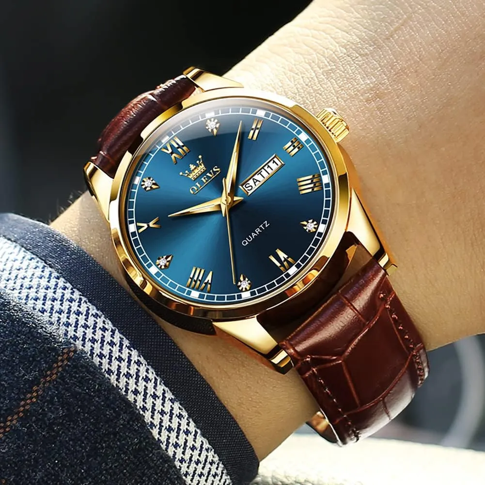 Day Date Watch,Men's Luminous Watch,Dress Watch contaminate thereby lily for Men,Rose Gold Watch for Men,Men's Fashion Quartz Watch,Waterproof Brown Man Watches OLEVS Amazon Watches,Brown Leather Watch for Men,Men 