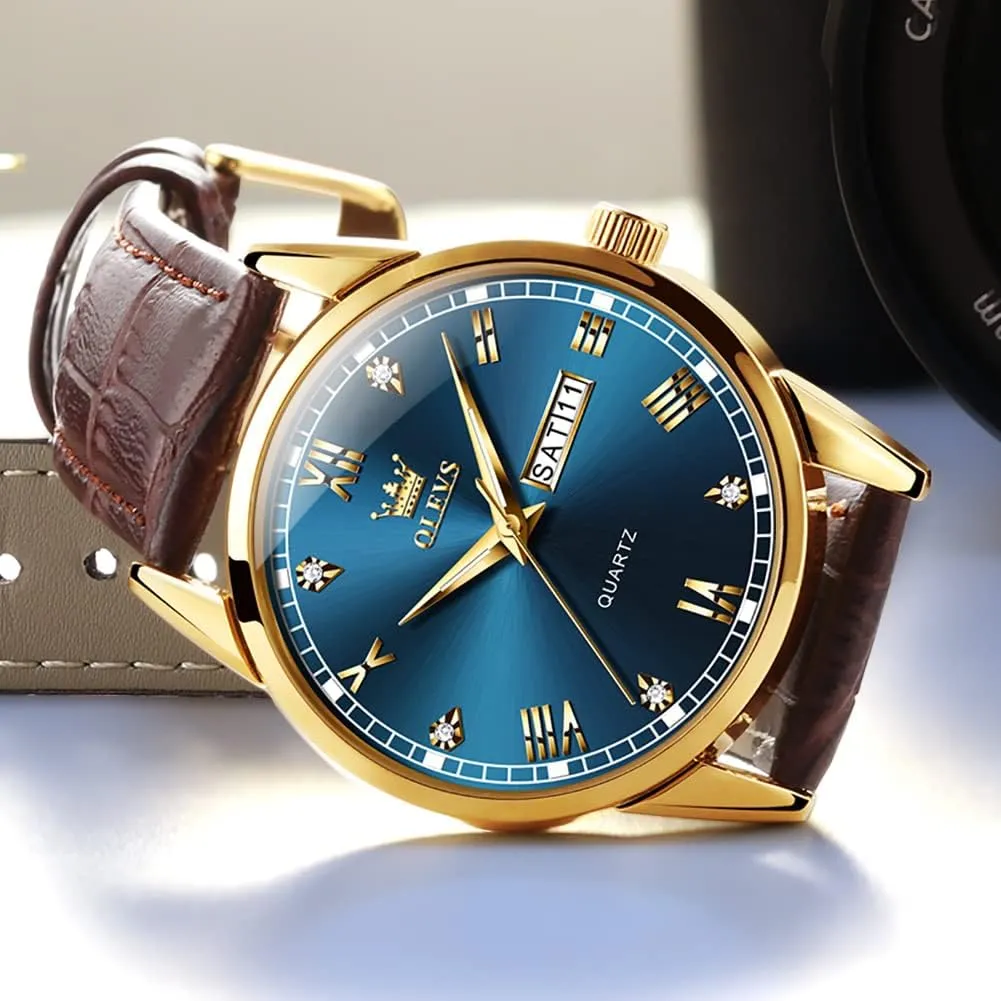 Day Date Watch,Men's Luminous Watch,Dress Watch contaminate thereby lily for Men,Rose Gold Watch for Men,Men's Fashion Quartz Watch,Waterproof Brown Man Watches OLEVS Amazon Watches,Brown Leather Watch for Men,Men 