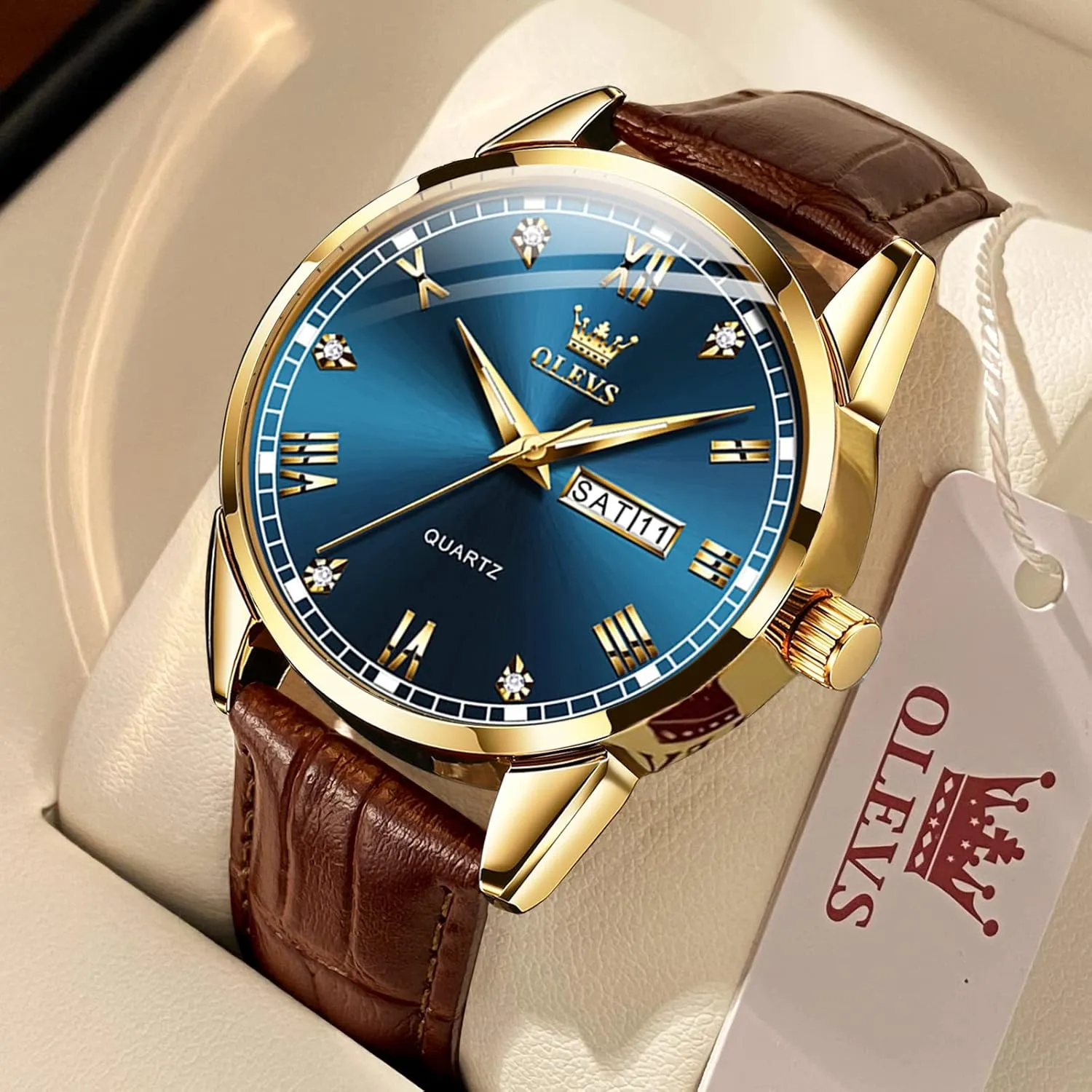 Day Date Watch,Men's Luminous Watch,Dress Watch contaminate thereby lily for Men,Rose Gold Watch for Men,Men's Fashion Quartz Watch,Waterproof Brown Man Watches OLEVS Amazon Watches,Brown Leather Watch for Men,Men 