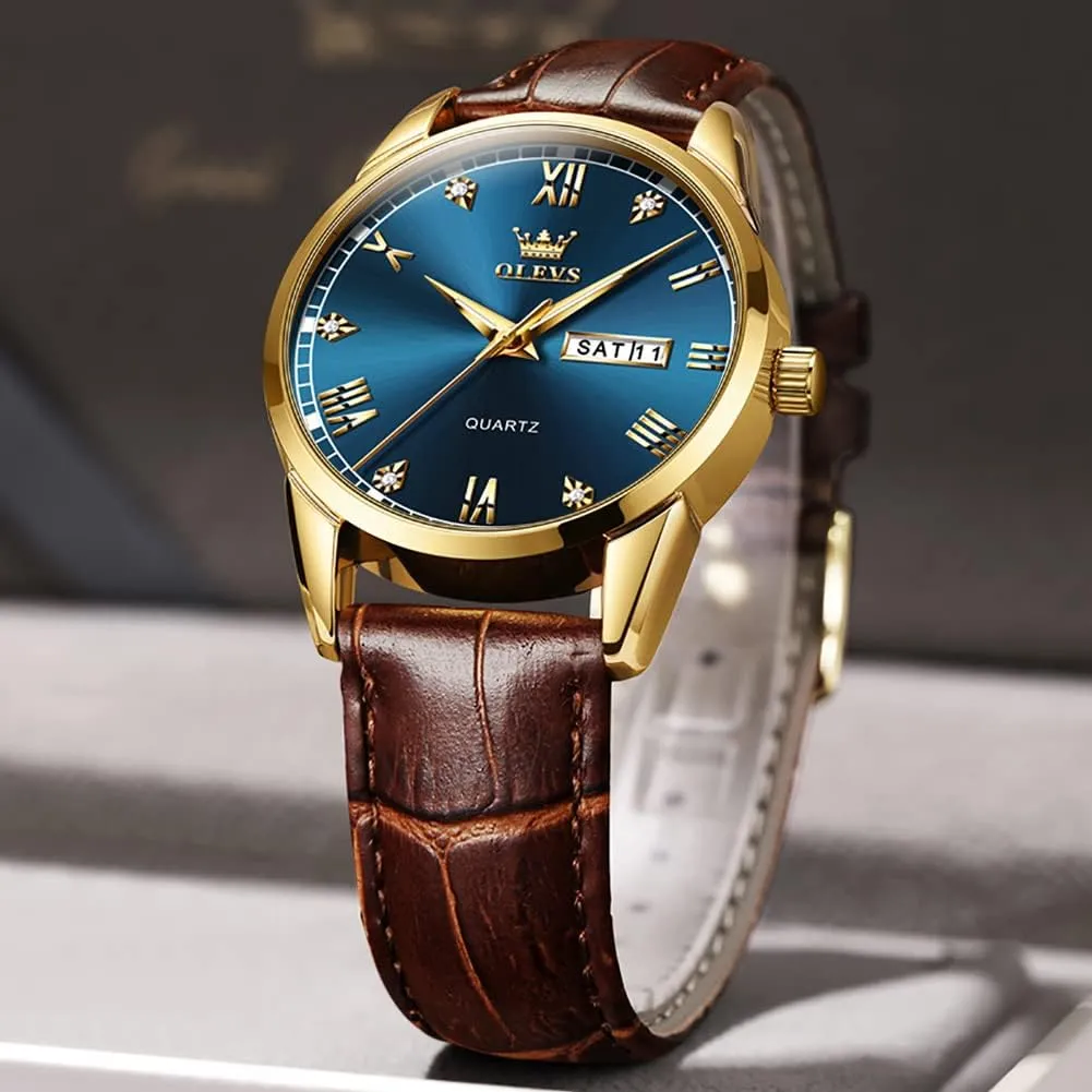 Day Date Watch,Men's Luminous Watch,Dress Watch contaminate thereby lily for Men,Rose Gold Watch for Men,Men's Fashion Quartz Watch,Waterproof Brown Man Watches OLEVS Amazon Watches,Brown Leather Watch for Men,Men 