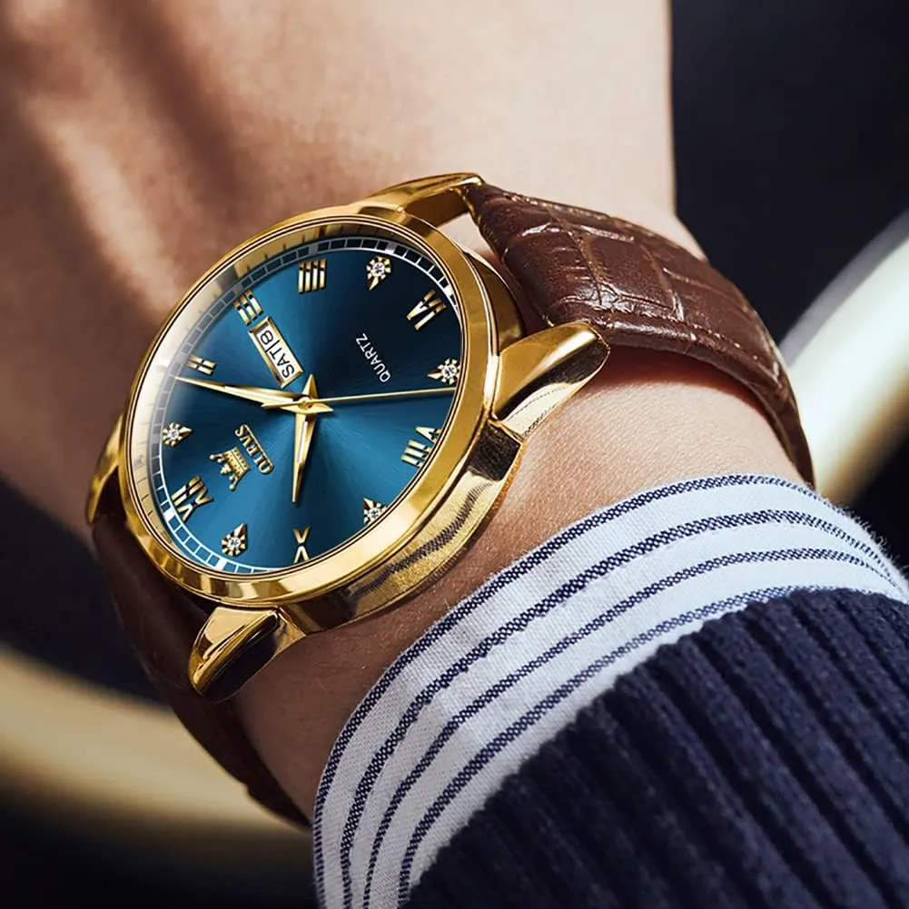 Day Date Watch,Men's Luminous Watch,Dress Watch contaminate thereby lily for Men,Rose Gold Watch for Men,Men's Fashion Quartz Watch,Waterproof Brown Man Watches OLEVS Amazon Watches,Brown Leather Watch for Men,Men 
