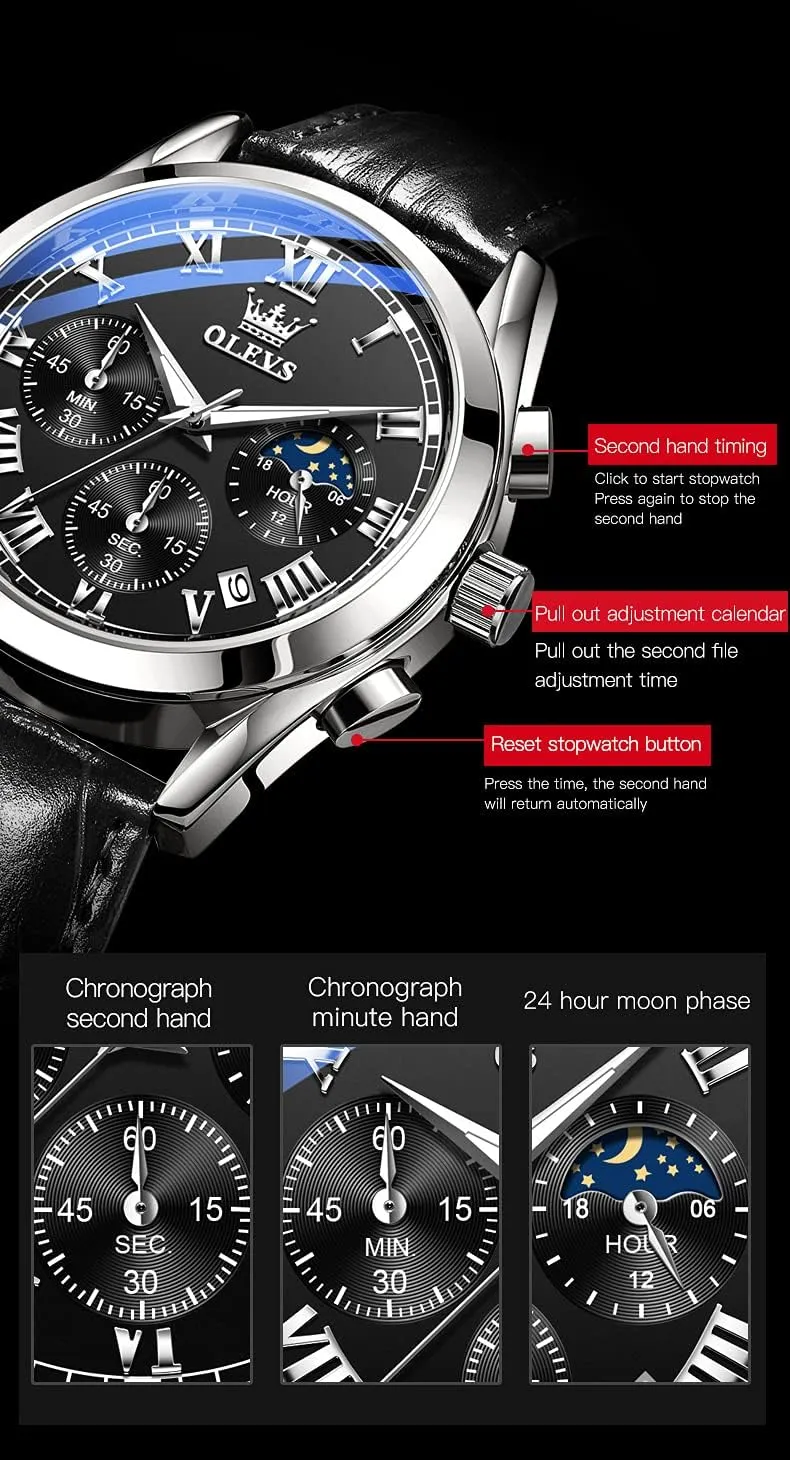 Day Date,Gifts OLEVS compatible Watches Waterproof Leather Watch Quartz Watches with 