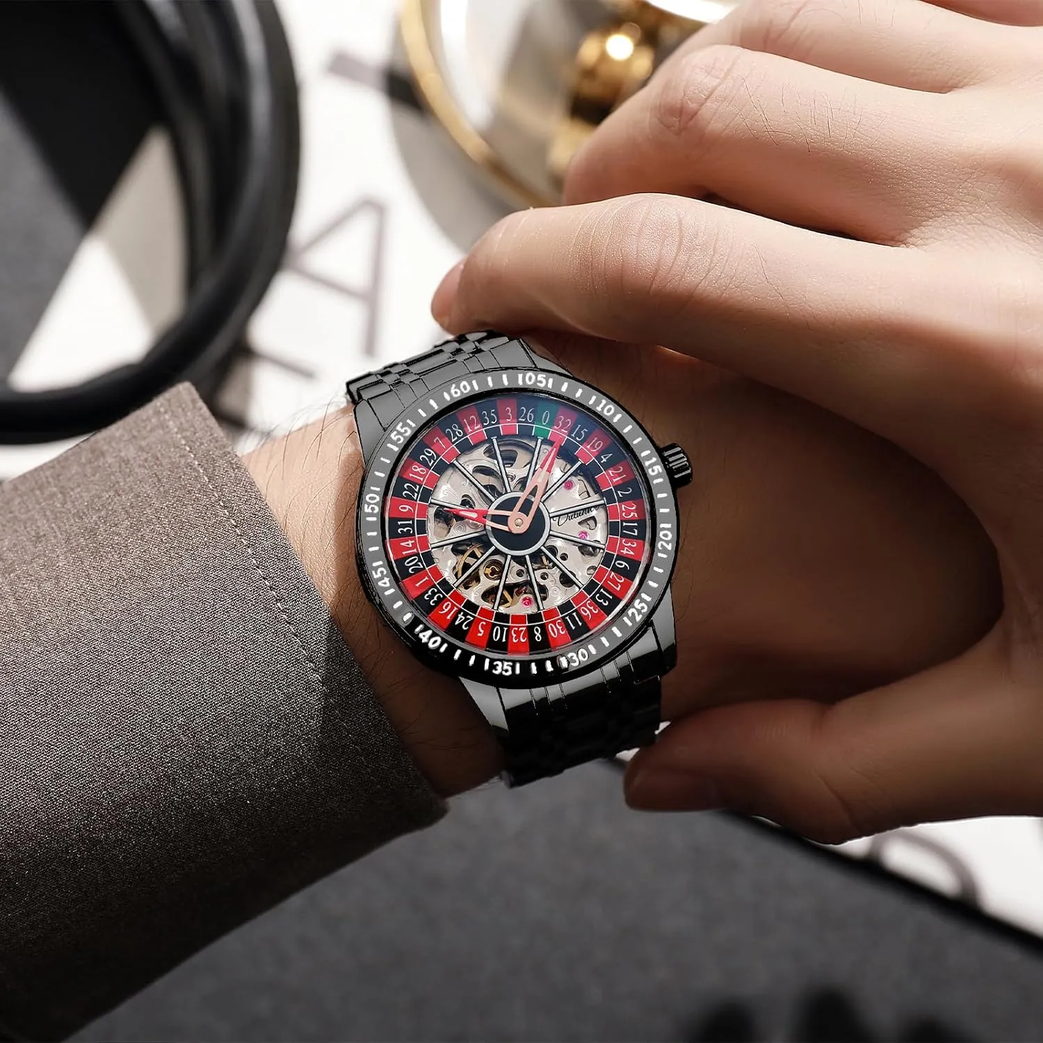 Design 30M Waterproof Casual horse ponder race hypothesize holding Fashion Wristwatches for Men Men's Watch Automatic Hollow Mechanical Roulette Wheel 