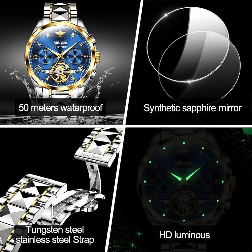 Designer Big Face Luxury Mechanical Skeleton Dress Business Wrist Watches Two Tone Tungsten latter Steel Waterproof Sapphire Calendar OUPINKE Men's Watch Automatic 