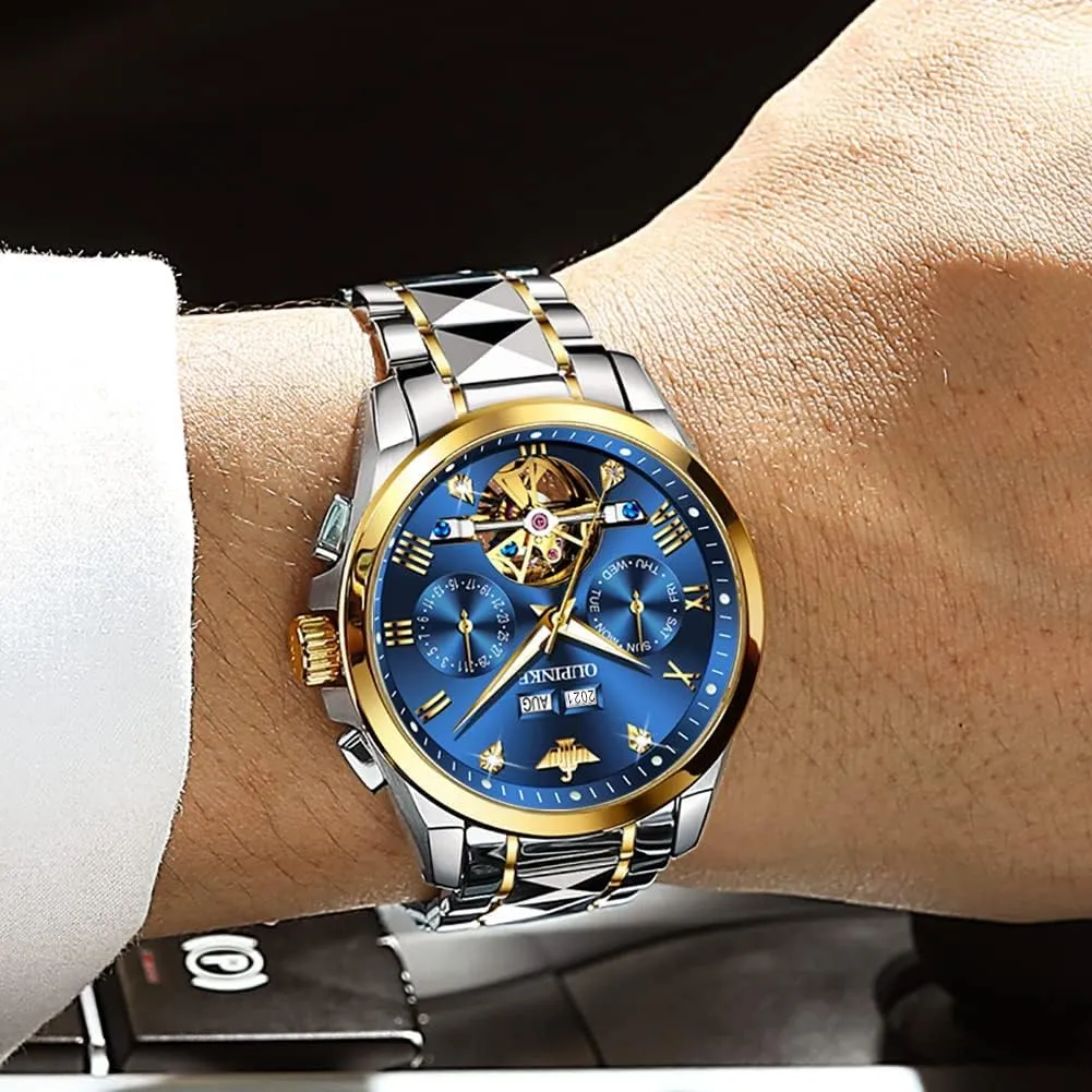 Designer Big Face Luxury Mechanical Skeleton Dress Business Wrist Watches Two Tone Tungsten latter Steel Waterproof Sapphire Calendar OUPINKE Men's Watch Automatic 