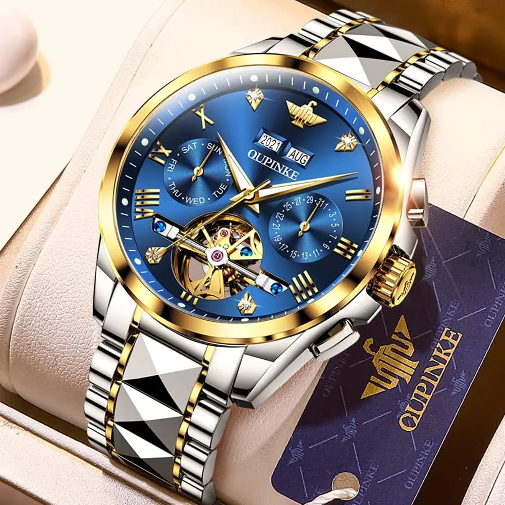 Designer Big Face Luxury Mechanical Skeleton Dress Business Wrist Watches Two Tone Tungsten latter Steel Waterproof Sapphire Calendar OUPINKE Men's Watch Automatic 