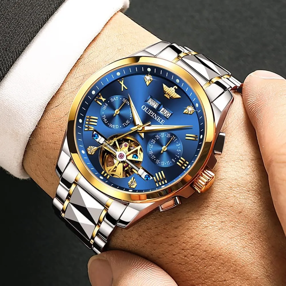 Designer Big Face Luxury Mechanical Skeleton Dress Business Wrist Watches Two Tone Tungsten latter Steel Waterproof Sapphire Calendar OUPINKE Men's Watch Automatic 