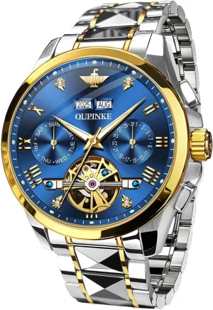 Designer Big Face Luxury Mechanical Skeleton Dress Business Wrist Watches Two Tone Tungsten latter Steel Waterproof Sapphire Calendar OUPINKE Men's Watch Automatic 