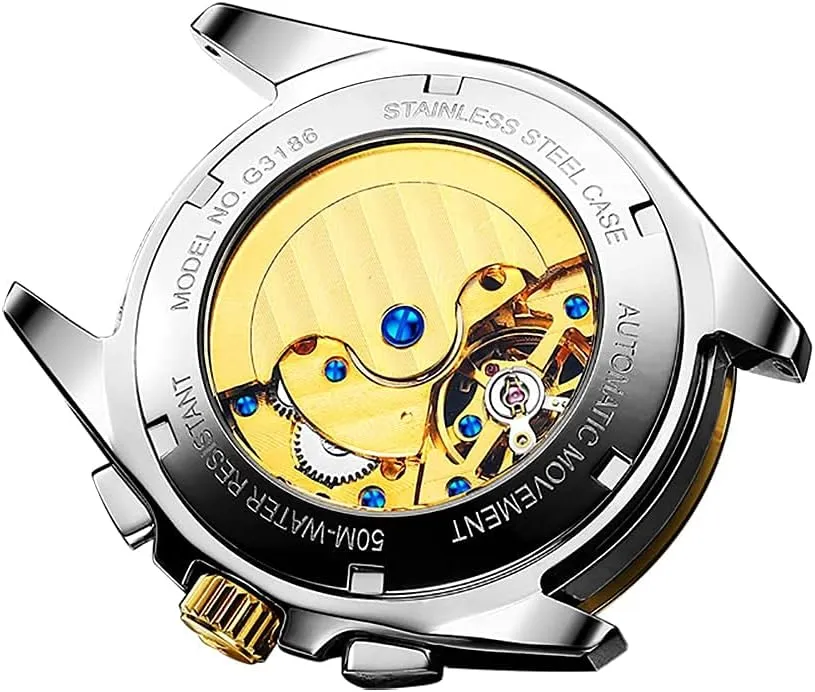 Designer Big Face Luxury Mechanical Skeleton Dress Business Wrist Watches Two Tone Tungsten latter Steel Waterproof Sapphire Calendar OUPINKE Men's Watch Automatic 