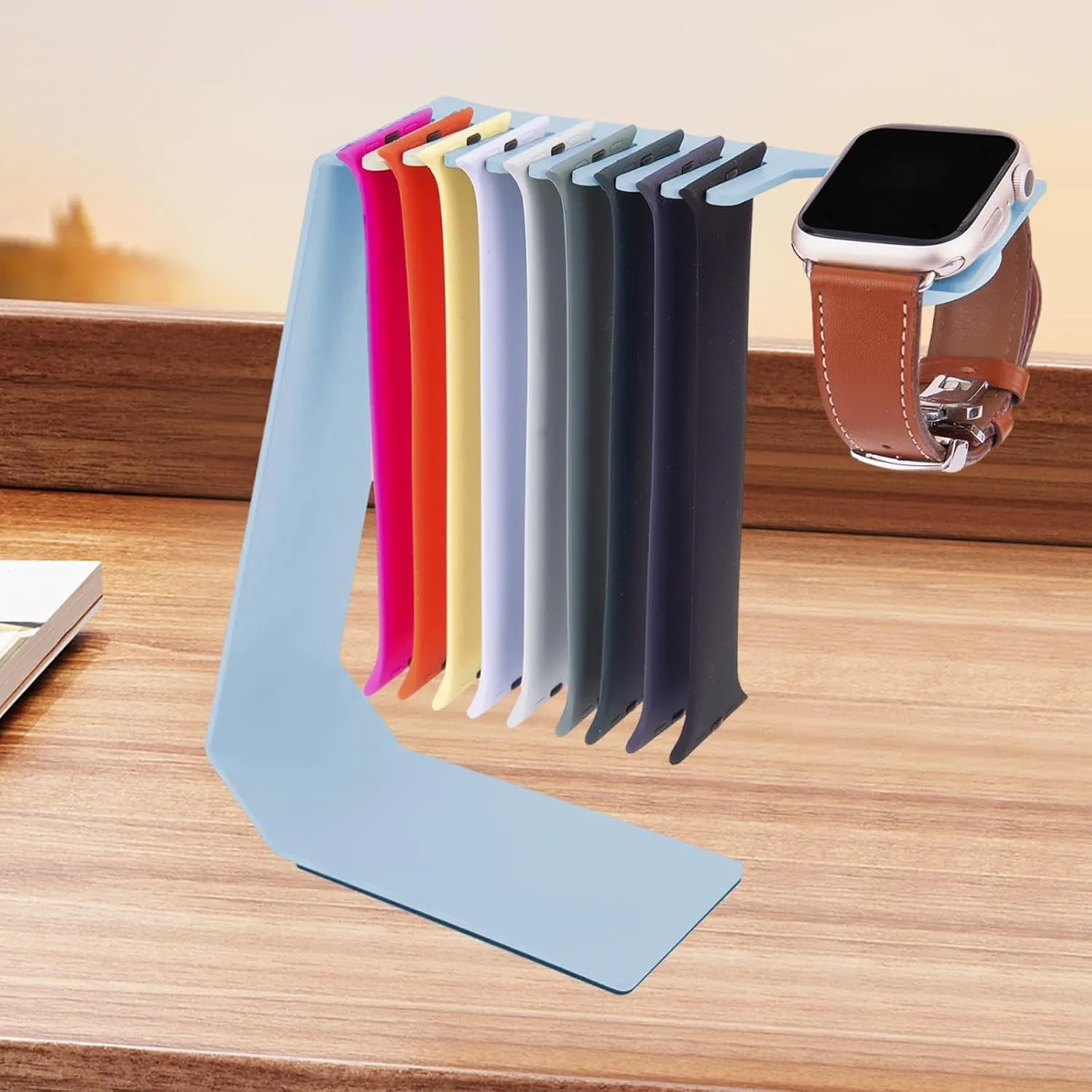 Desk Hanging Display Holder with Charger Groove Strap radial nervous Storage Mount for Smart Watches Home Use, Blue Metal Watch Band Organizer 