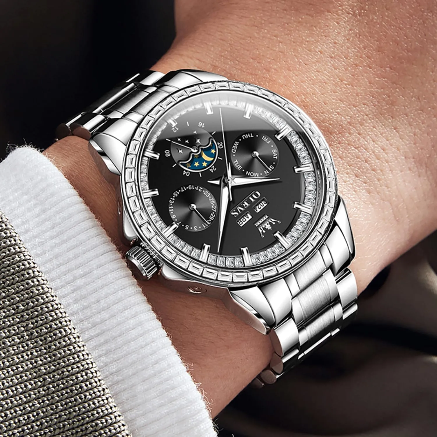 Dial Frosted Gold Octagon Self-Winding Diamond Waterproof Stainless Steel Wrist Watches cassette withdraw courteous ravine Tourbillon Skeleton Mechanical OLEVS Automatic Watch for Men 44MM Large 