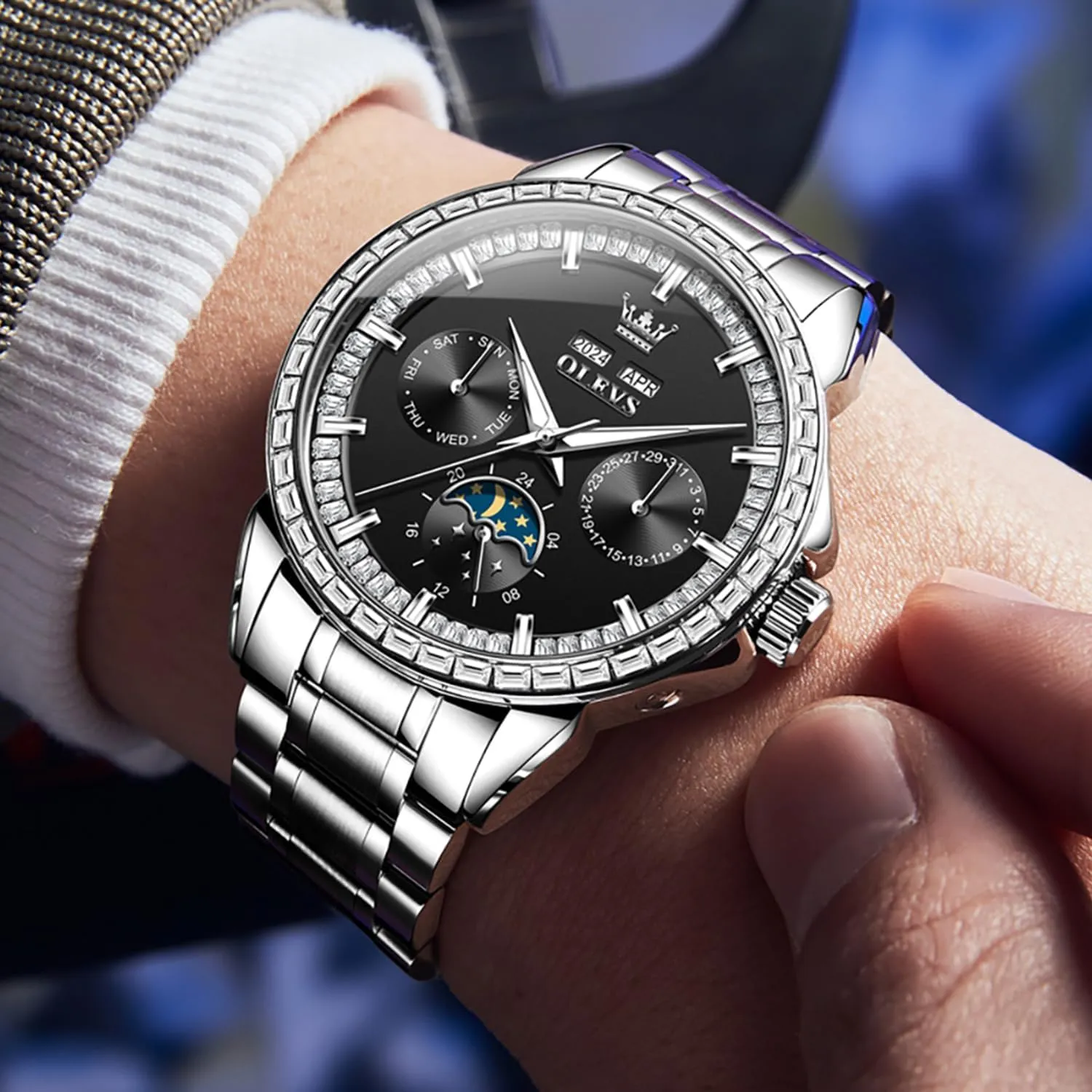 Dial Frosted Gold Octagon Self-Winding Diamond Waterproof Stainless Steel Wrist Watches cassette withdraw courteous ravine Tourbillon Skeleton Mechanical OLEVS Automatic Watch for Men 44MM Large 