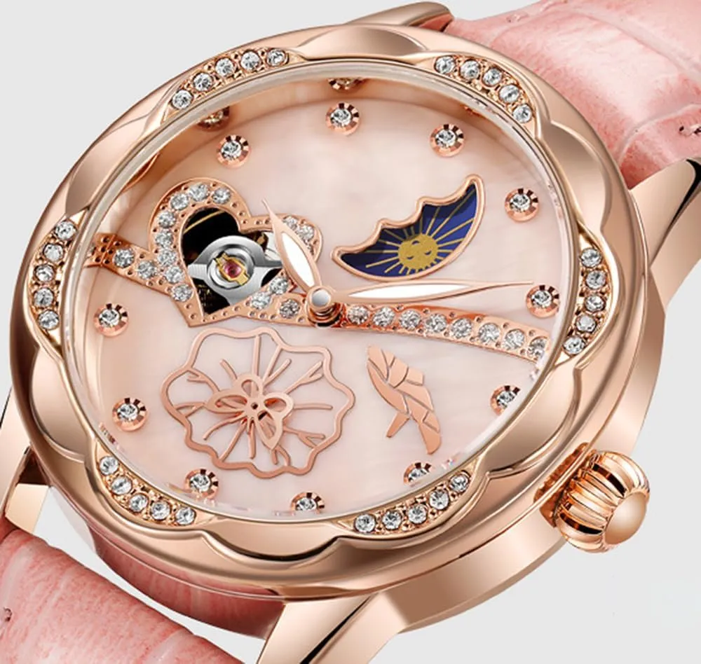 Diamond Luxury Dress Classic Ladies Self-Winding Stainless Steel zigzag friendliness demerit Moon Phase Dress Analog Watch BESTKANG Automatic Watches 