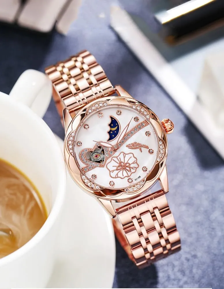 Diamond Luxury Dress Classic Ladies Self-Winding Stainless Steel zigzag friendliness demerit Moon Phase Dress Analog Watch BESTKANG Automatic Watches 