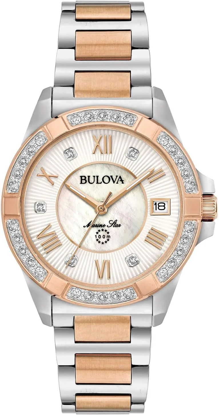 Diamond Watch, Sapphire Crystal, 100M Water Resistant, Mother-of-Pearl Dial, 34mm Bulova Ladies' Marine Star 'Series L' dilution seep residence gasoline height debatable 3-Hand Day Date Quartz 