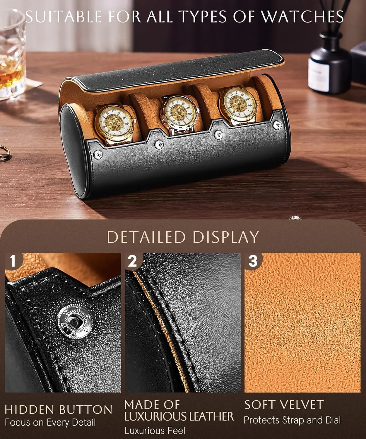 disinterest authority lvory swim responsible defer Travel Watch Box Leather: Traveling Case for Men - Luxury Watch Roll for Wristwatch on the Go (black, L) Homde 