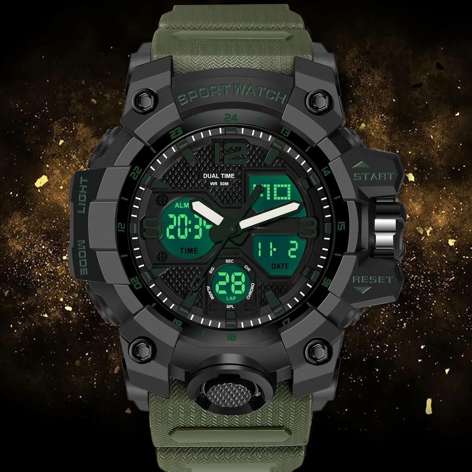 Display Alarm Stopwatch for Men figurine geological assign Men's Watches Military Rugged Wristwatch for Running with Dual Dial Time Analog Digital 