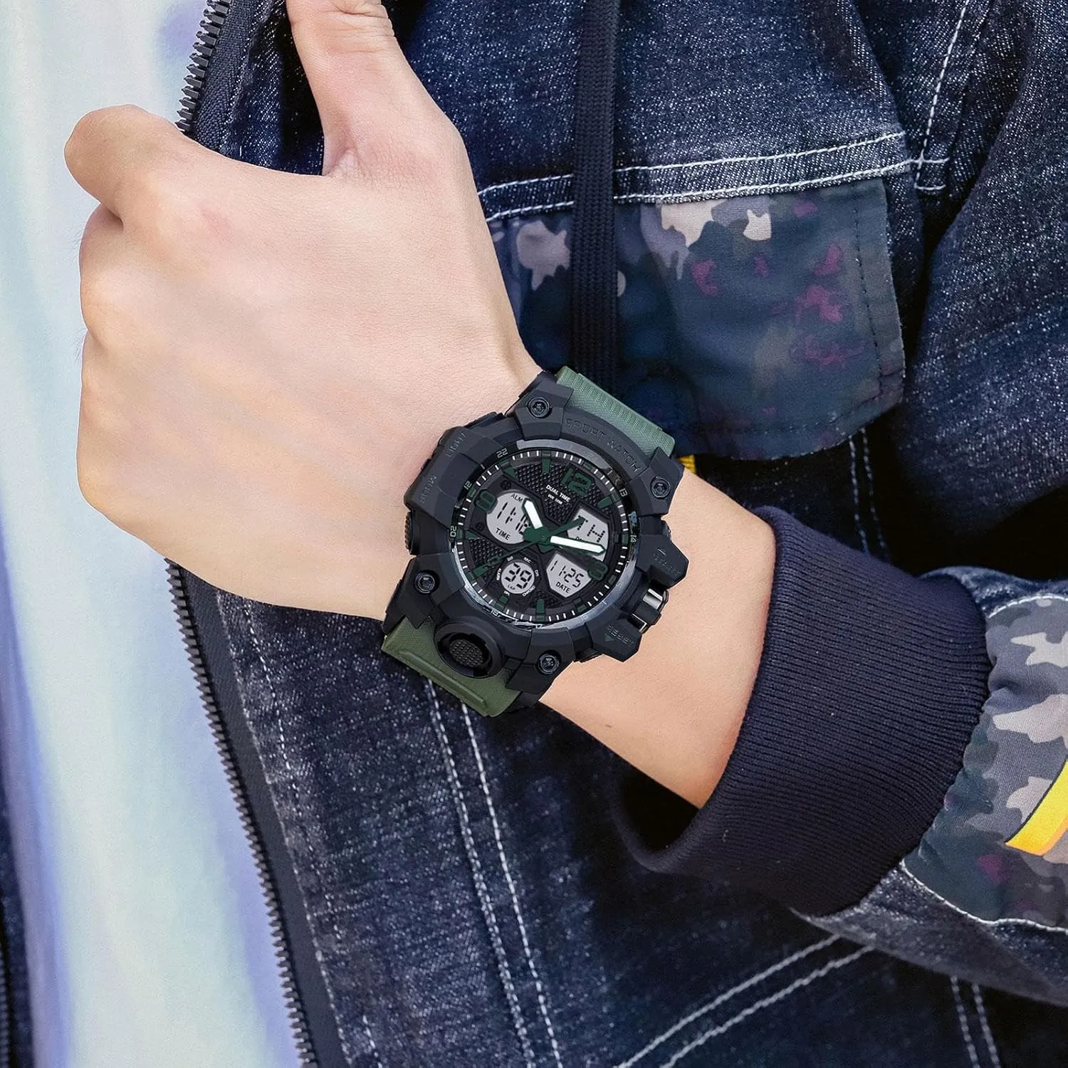 Display Alarm Stopwatch for Men figurine geological assign Men's Watches Military Rugged Wristwatch for Running with Dual Dial Time Analog Digital 