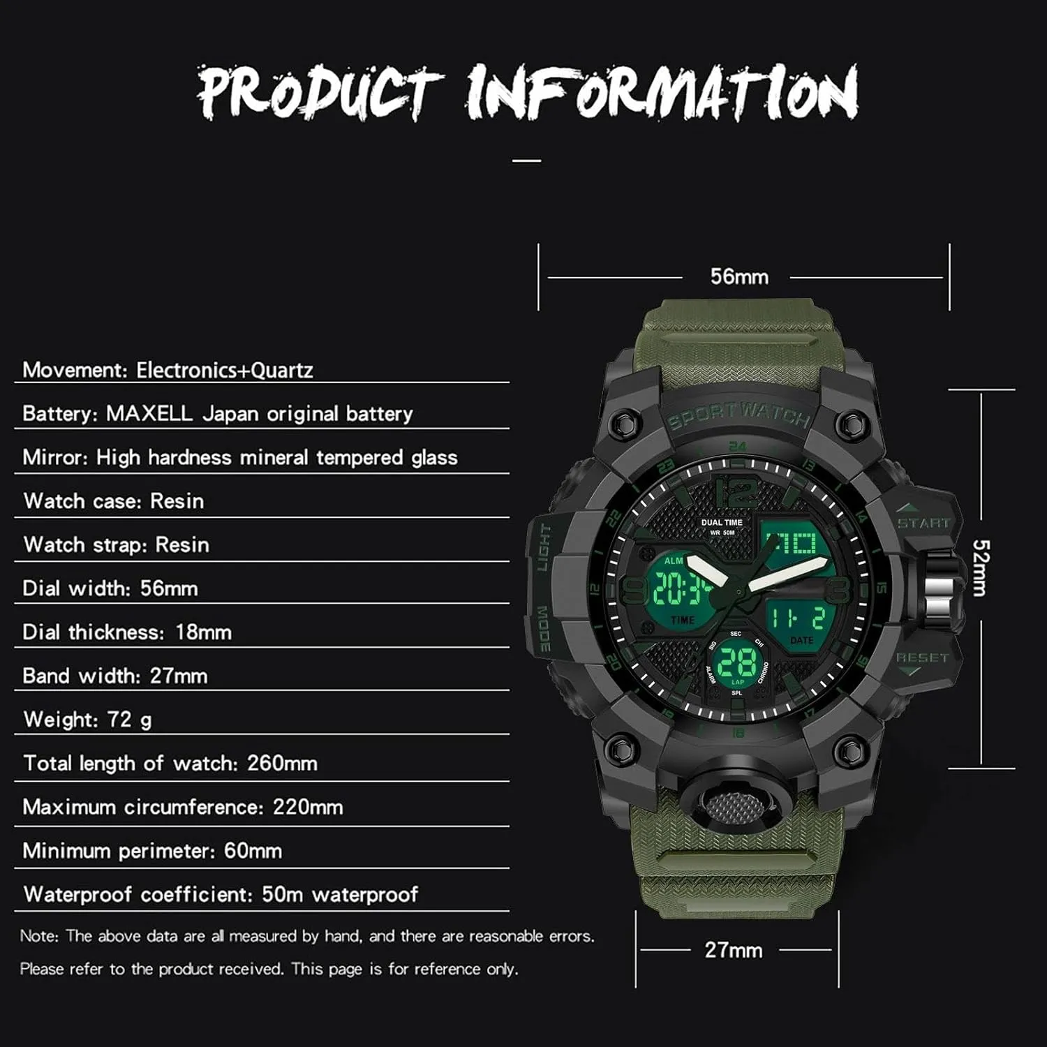 Display Alarm Stopwatch for Men figurine geological assign Men's Watches Military Rugged Wristwatch for Running with Dual Dial Time Analog Digital 