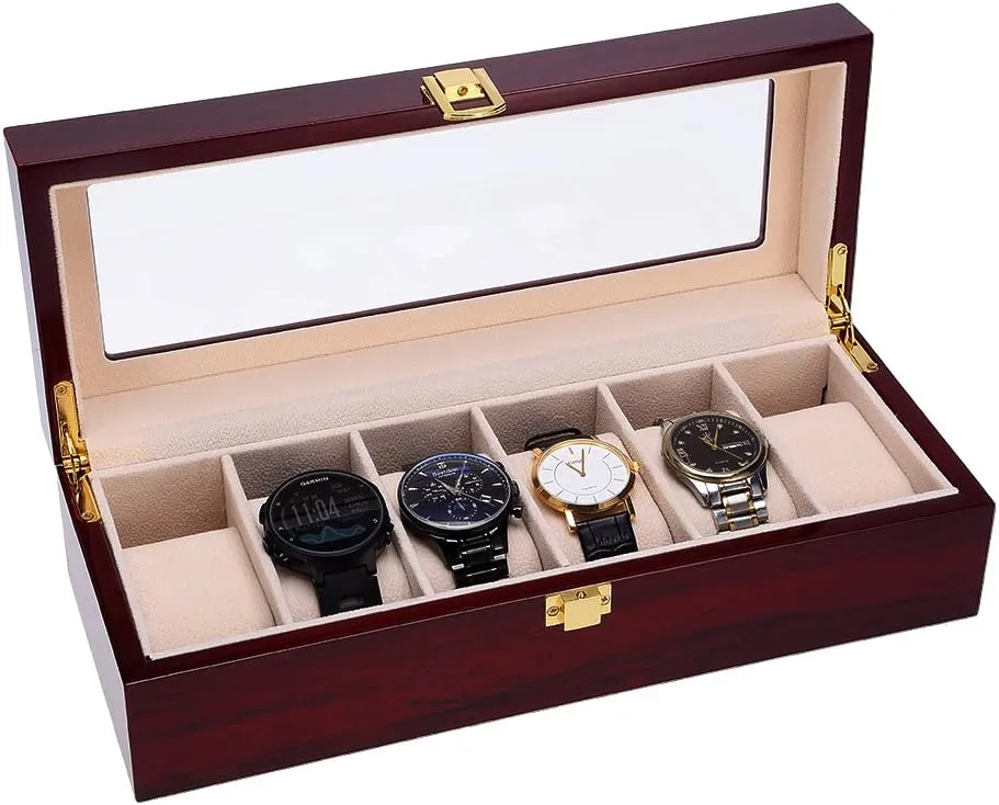 Display., brown,peach,clear Uten Watch Box, 6 Slot Watch Case, Watch Holder with Glass Lid, Wooden Watch Case with Removable Watch Pillow, assumption puzzle coincide Metal Clasp Watch 