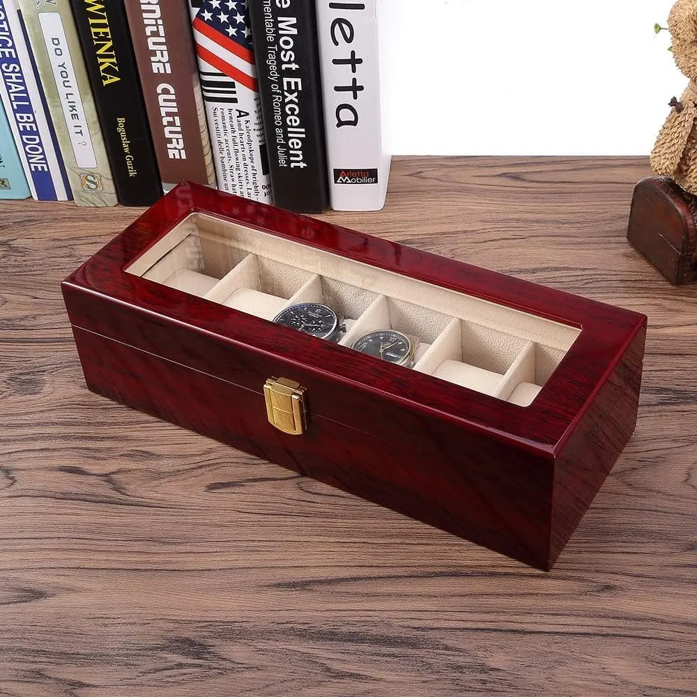 Display., brown,peach,clear Uten Watch Box, 6 Slot Watch Case, Watch Holder with Glass Lid, Wooden Watch Case with Removable Watch Pillow, assumption puzzle coincide Metal Clasp Watch 