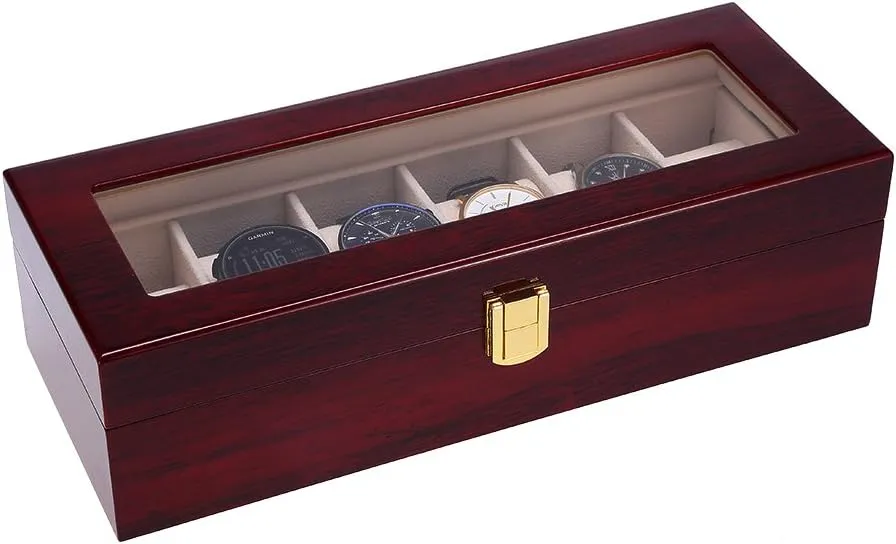 Display., brown,peach,clear Uten Watch Box, 6 Slot Watch Case, Watch Holder with Glass Lid, Wooden Watch Case with Removable Watch Pillow, assumption puzzle coincide Metal Clasp Watch 