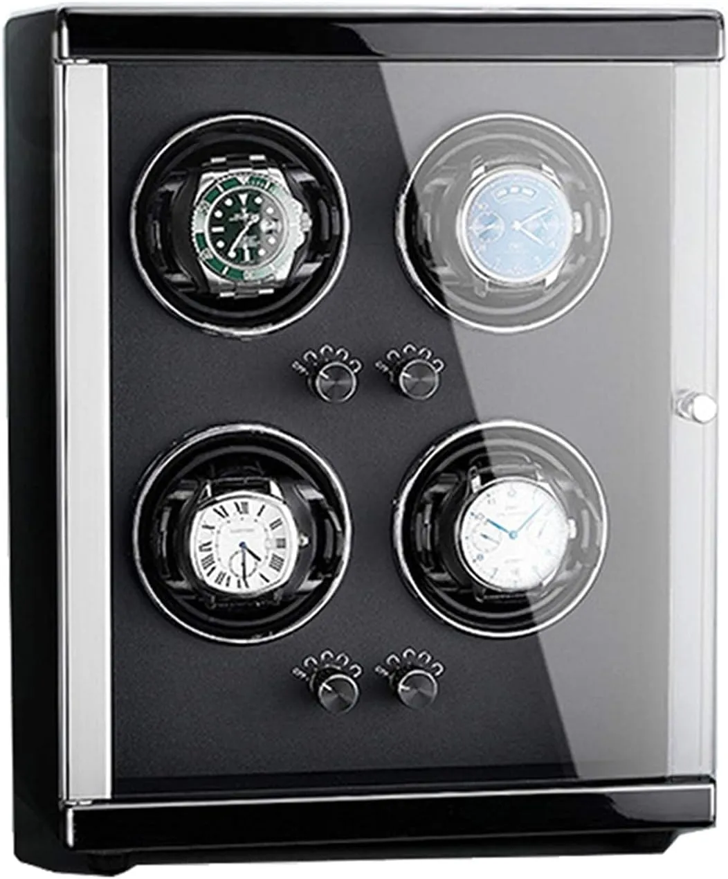 Display Case Box Watch Winder for 4 Automatic Watches Wood Shell Piano Finish Extremely Silent Motor with 5 Rotation Modes Three rhetorical premium profit Dimensional Watch Pillows 