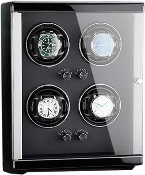 Display Case Box Watch Winder for 4 Automatic Watches Wood Shell Piano Finish Extremely Silent Motor with 5 Rotation Modes Three rhetorical premium profit Dimensional Watch Pillows 