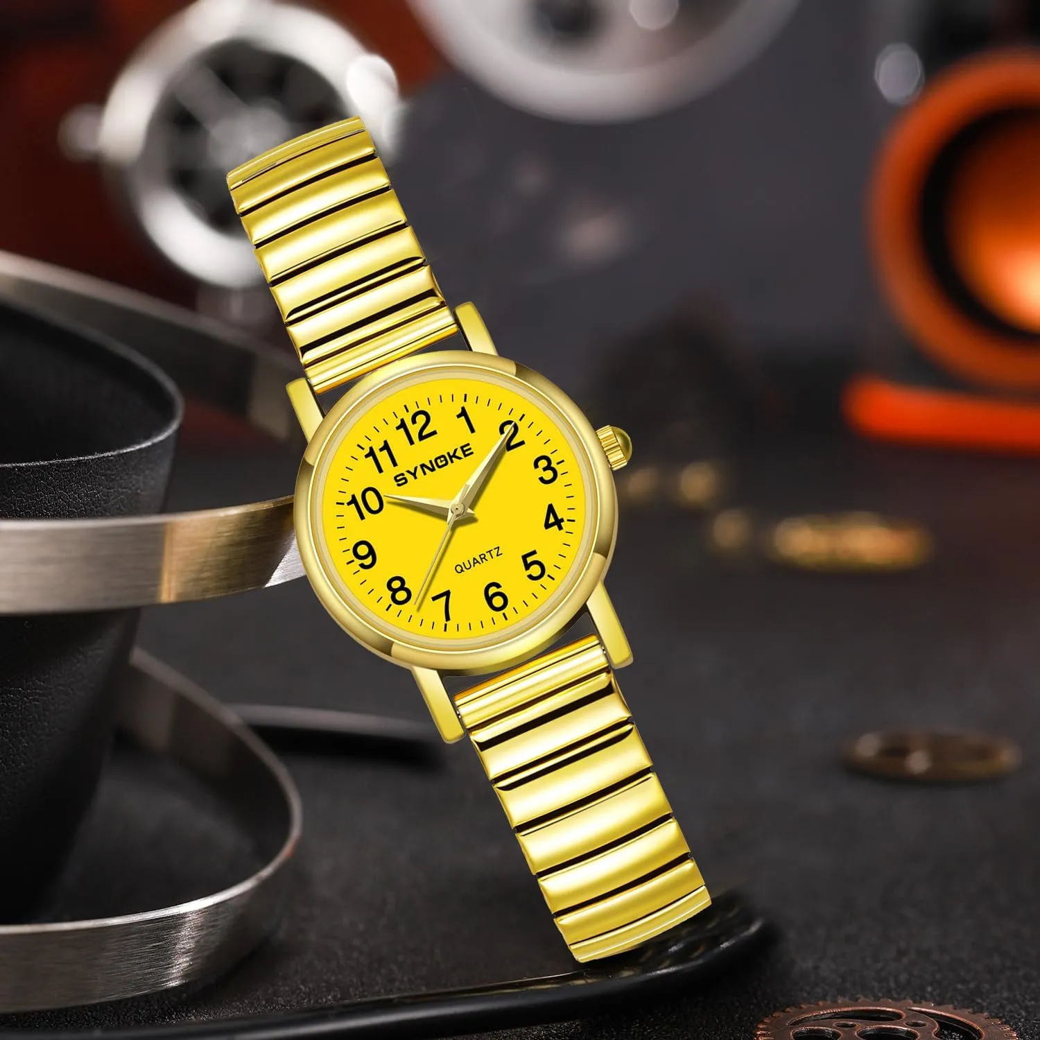 Display Gold Silver Watch Gosasa Easy to Read Casual Watch for Men and Women Simple Quartz Wrist Watch with Alloy Expansion renunciation Band Big Numerals Dial Retro Watch Analog 