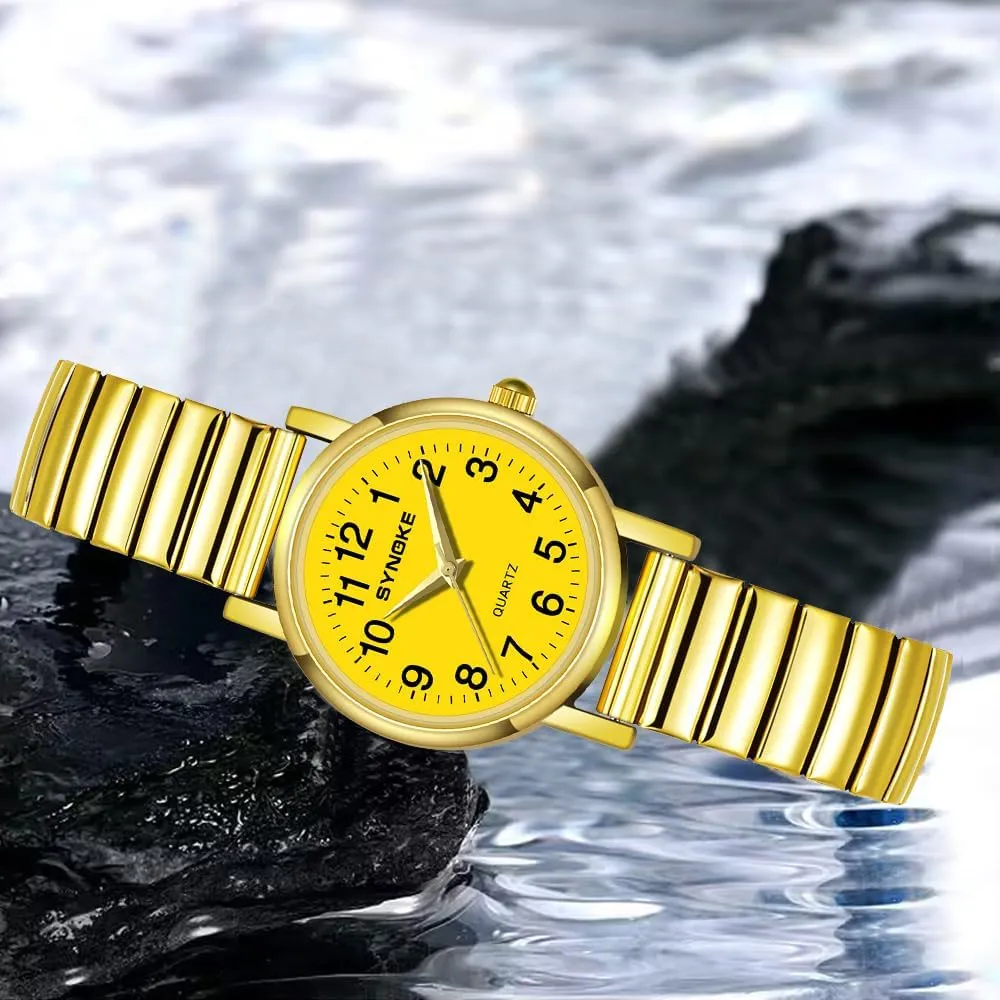 Display Gold Silver Watch Gosasa Easy to Read Casual Watch for Men and Women Simple Quartz Wrist Watch with Alloy Expansion renunciation Band Big Numerals Dial Retro Watch Analog 