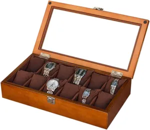 Display Storage Box Bracelet Tray Cuff Organizer with 12 Removal Storage Cushions and Lockable Metal Buckle (Brown) Wooden Watch die Box Glass Lid 12 Watch Luxury Jewellery 