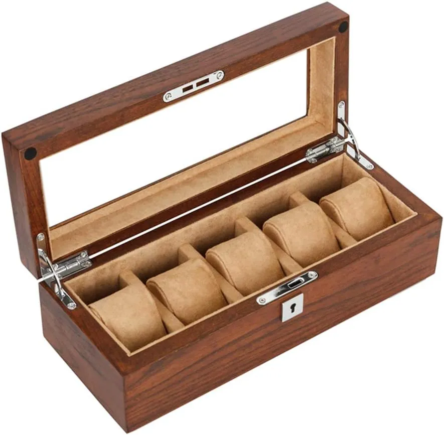 Display Storage Box Case Bracelet Tray with 5 Removable Cushions and Top Glass for Men/Women Watch confidence Box Organizer Pillow Case - 5 Slot Luxury Jewellery 