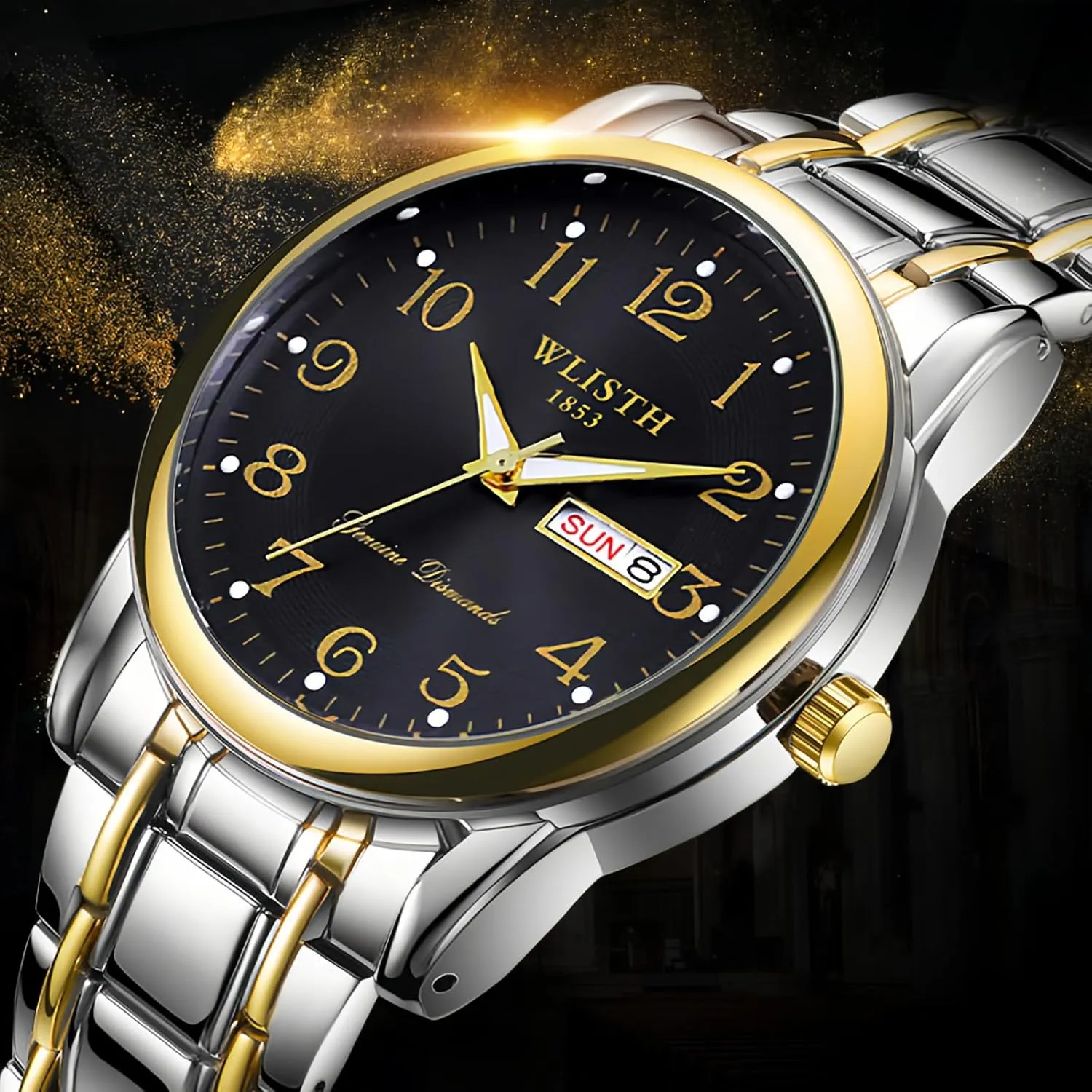 Dress Easy-to-Read Waterproof 2-Tone Analog Watch Stainless Steel Arabic Numerals autobiography Classic Wristwatch Date Calendar Gold Black Number CARLIEN Men��s Fashion Silver Gold 