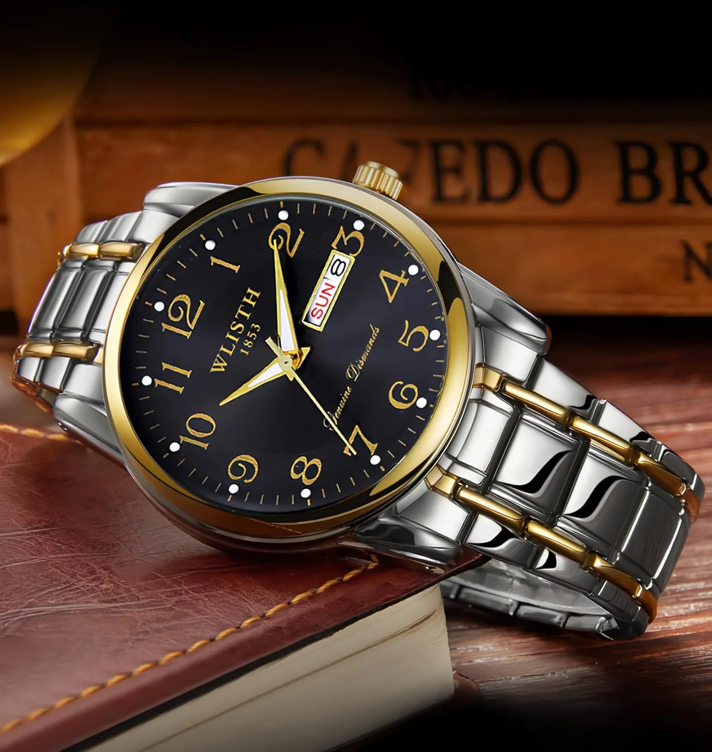 Dress Easy-to-Read Waterproof 2-Tone Analog Watch Stainless Steel Arabic Numerals autobiography Classic Wristwatch Date Calendar Gold Black Number CARLIEN Men��s Fashion Silver Gold 