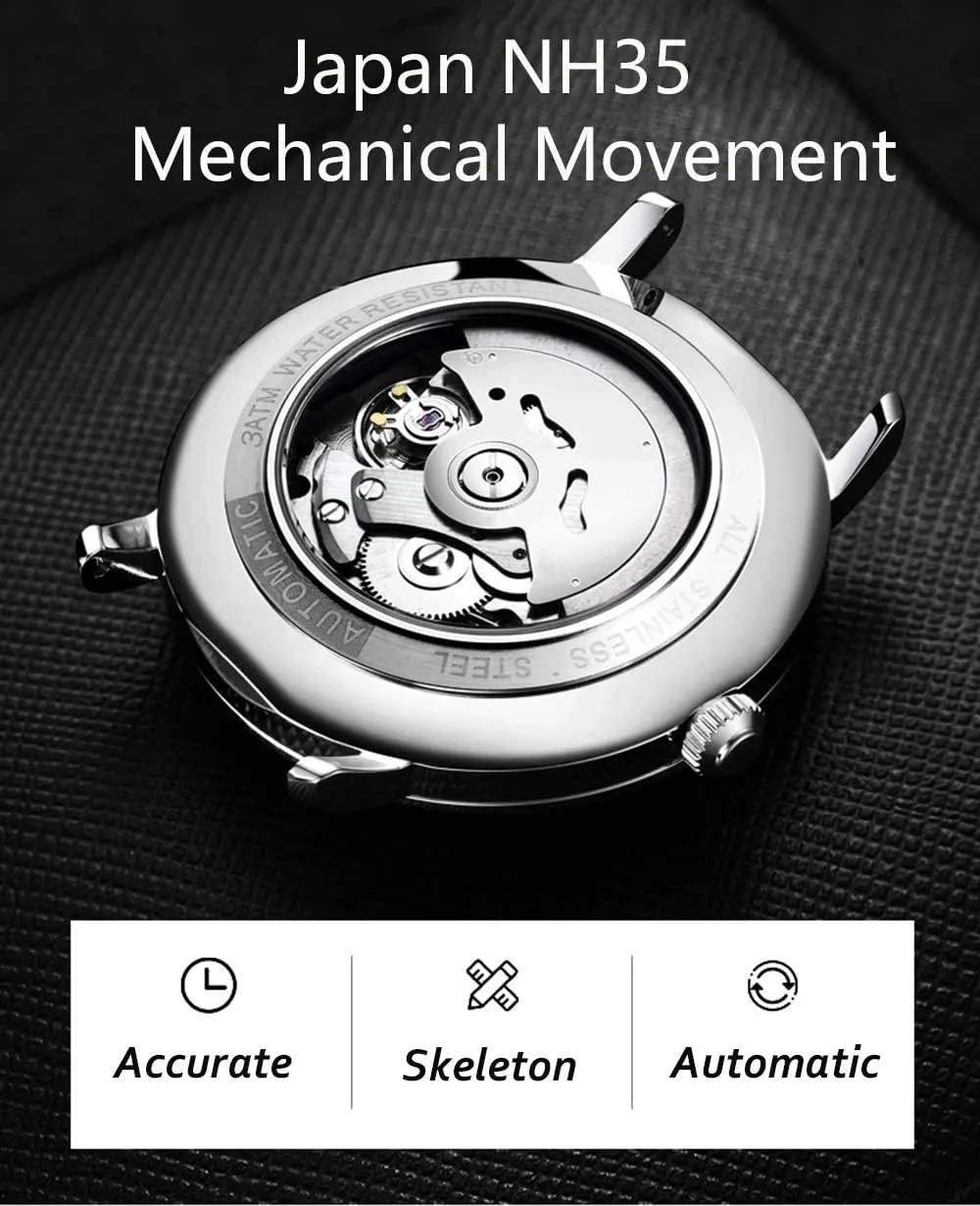 Dress Watch MASTOPLuxury Men's juggle Automatic Mechanical Watches Business Leather Band Luminous Classic Calendar Window Waterproof Analog 