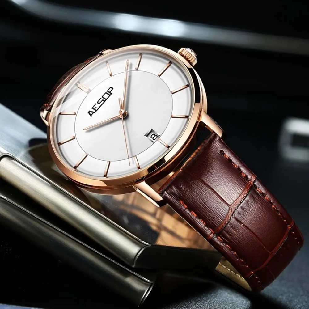 Dress Watch MASTOPLuxury Men's juggle Automatic Mechanical Watches Business Leather Band Luminous Classic Calendar Window Waterproof Analog 