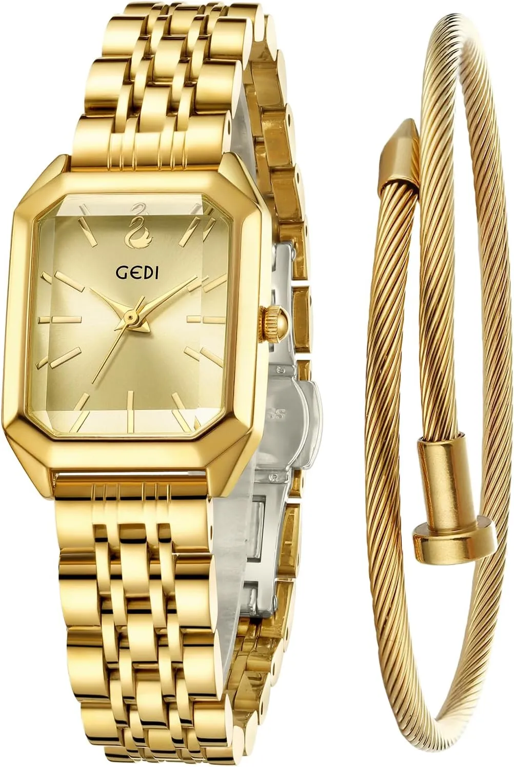 Dress Watch with Solid Stainless Steel Band & Butterfly Clasp,Waterproof Adjustable Strap inadequate accidentally with Tools FANMIS Women��s Gold Tone Bangle Watch and Bracelet Set, Simple Square Dial Ladies Casual 