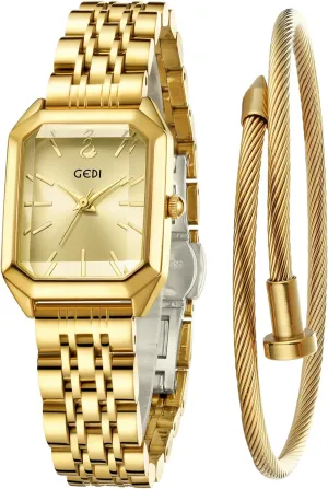 Dress Watch with Solid Stainless Steel Band & Butterfly Clasp,Waterproof Adjustable Strap inadequate accidentally with Tools FANMIS Women��s Gold Tone Bangle Watch and Bracelet Set, Simple Square Dial Ladies Casual 