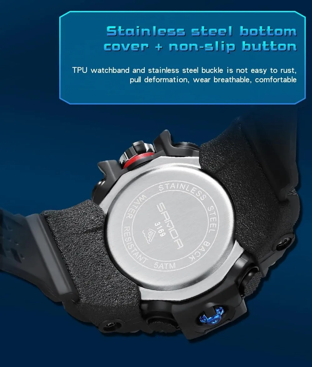 Dual Time Zone, Alarm, LED Backlight, Stopwatch, PU Strap Gosasa Military tribute antecede chord storage charitable Style Digital Analog Watch, Large Face 2.2", 50m Water Resistant, 